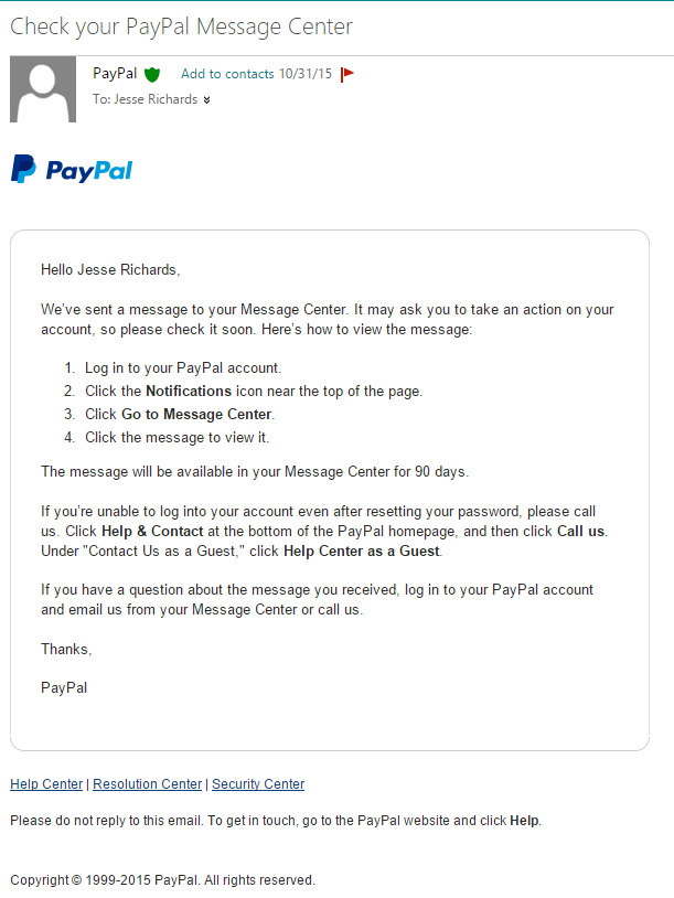 Paypal message